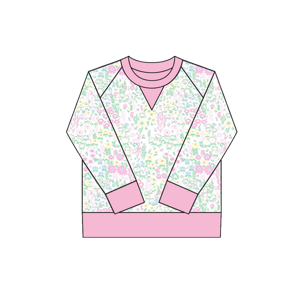 small flowers print yoga girl long sleeve pink top