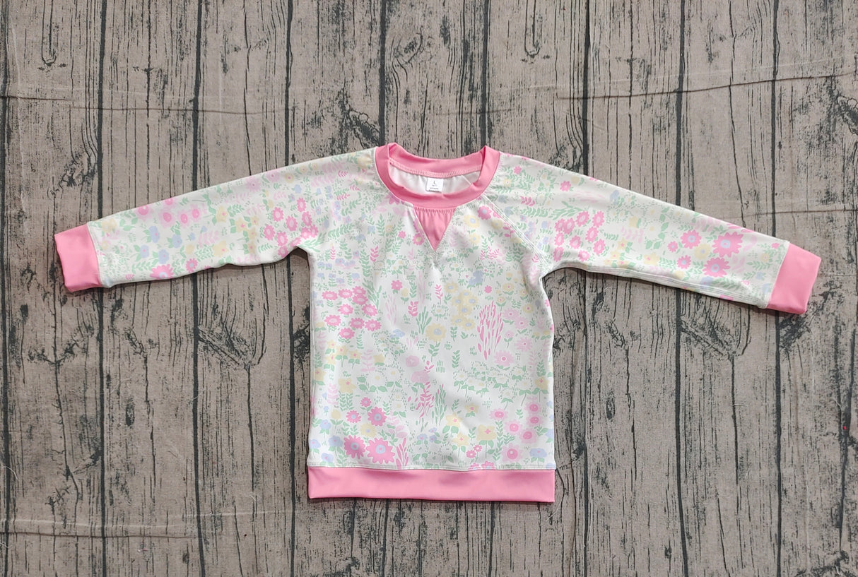 small flowers print yoga girl long sleeve pink top
