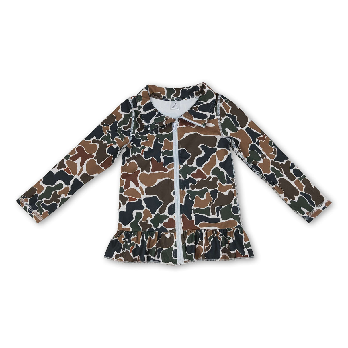 Long sleeves brown camo ruffle zipper girls yoga top