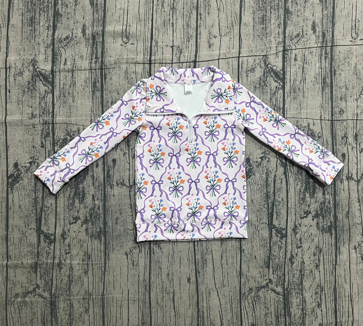 Purple bow floral kids girls zipper active pullover