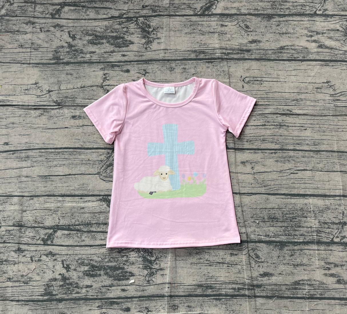 Pink short sleeves cross goat kids girls Easter shirt