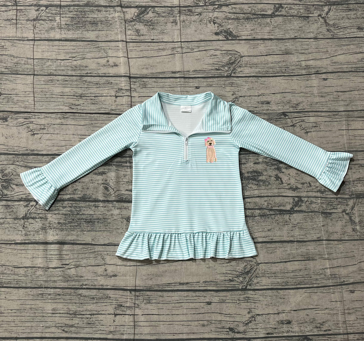 Long sleeves stripe dog embroidery ruffle girls zipper pullover