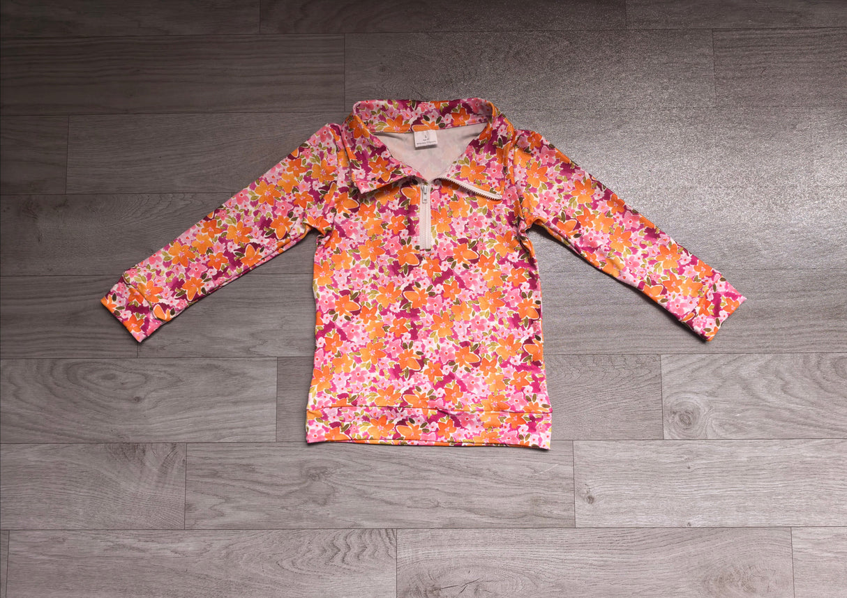 Long sleeves orange pink floral girls fall zipper pullover
