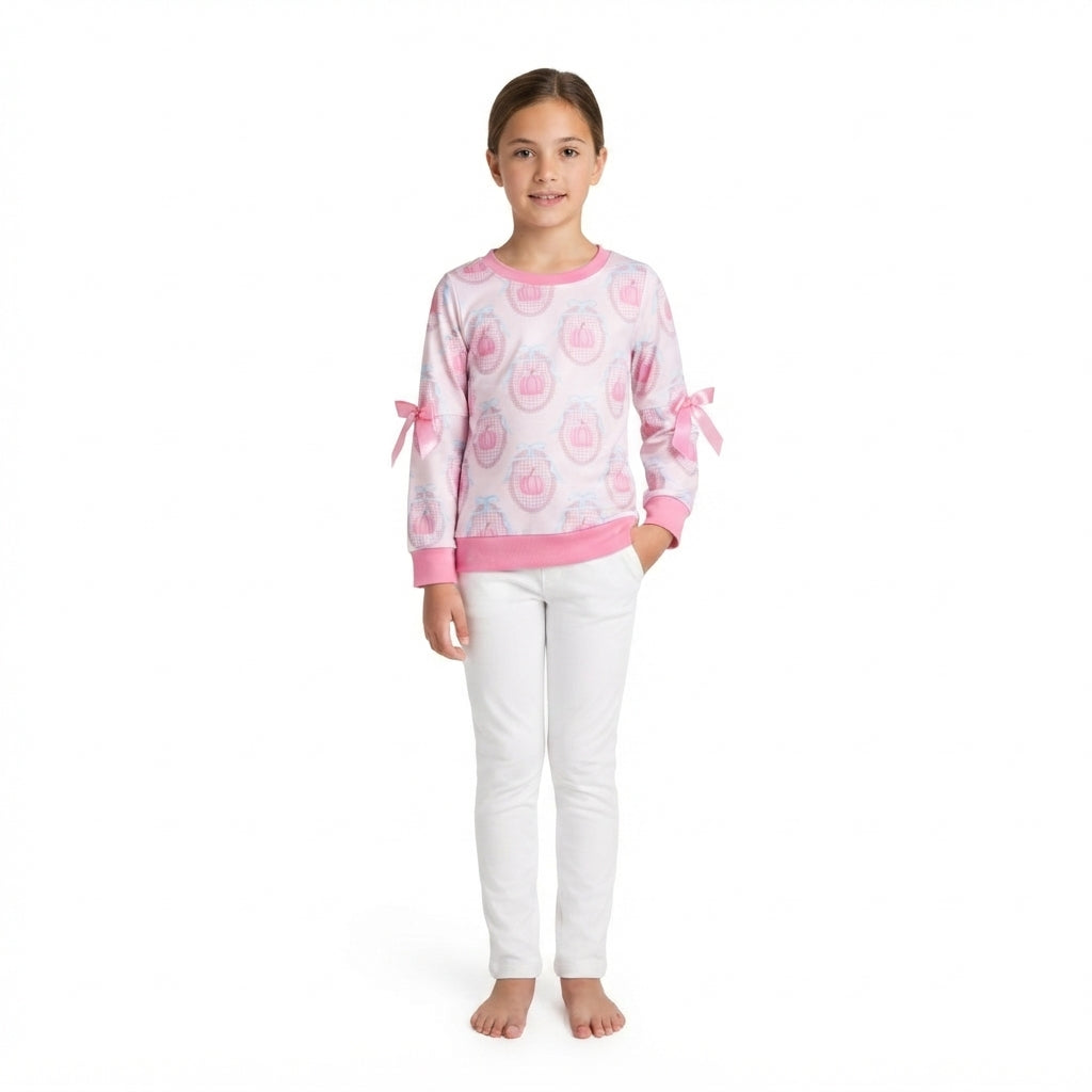 Long sleeves bow pink pumpkin girls fall shirt