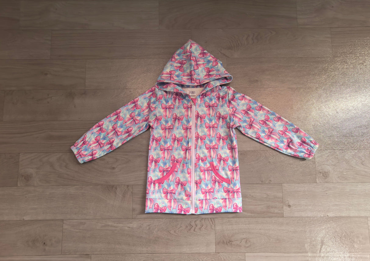 Long sleeves pink bow pocket girls zipper hooded jacket