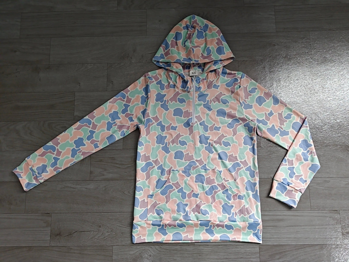 Long sleeves light blue camo pocket adult women zipper hoodie