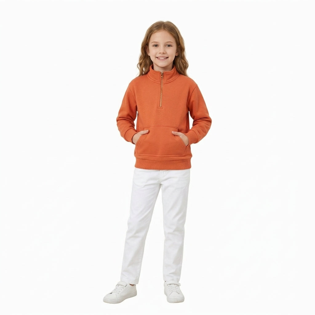 Long sleeves orange pocket zipper girls sweatshirt pullover