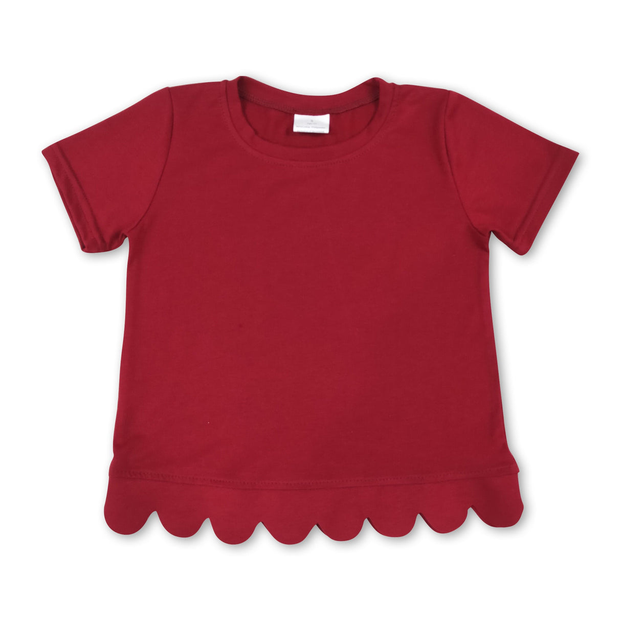 Short sleeves dark red cotton scallop kids girls top