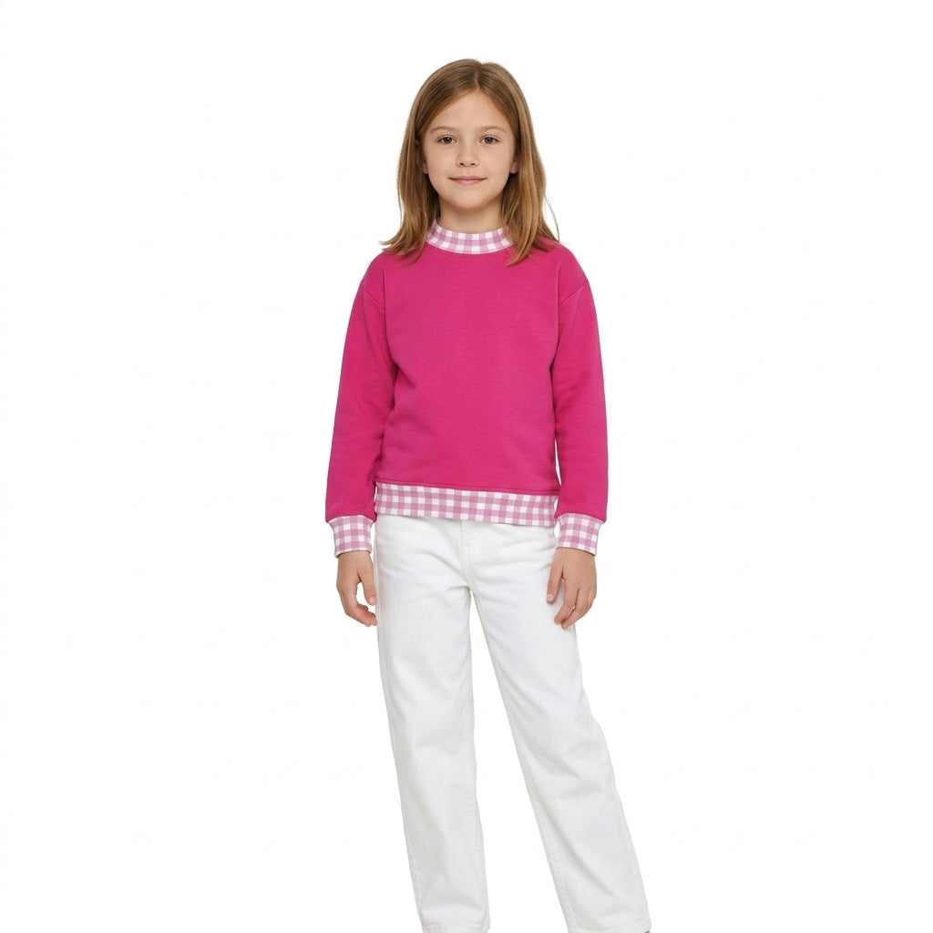 Long sleeves plaid hot pink kids girls mock neck sweatshirt