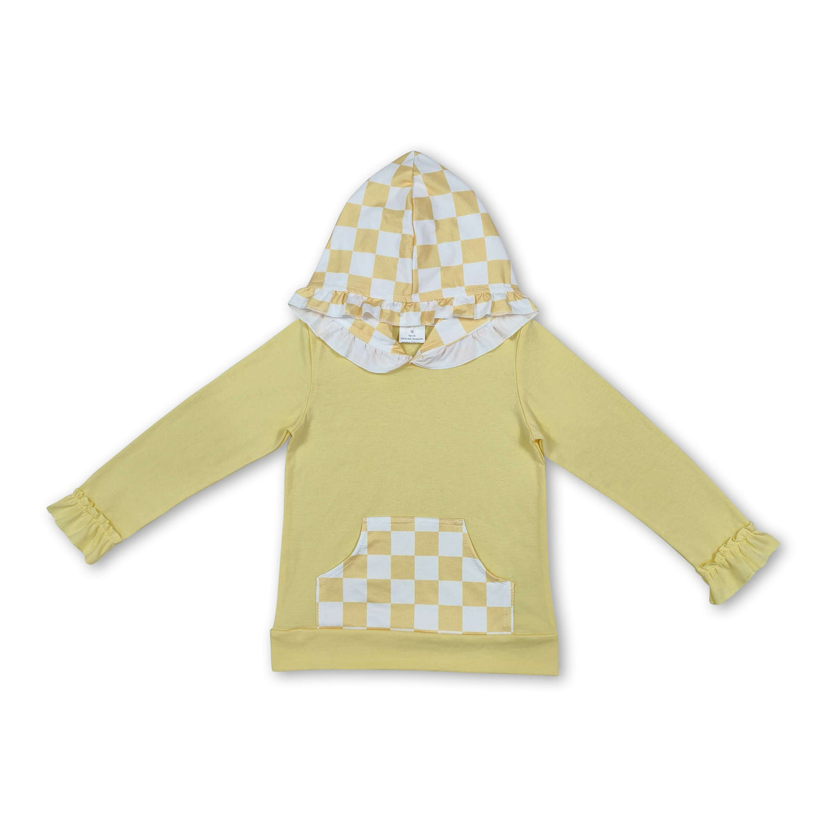 Ruffle long sleeves yellow plaid pocket girls hoodie