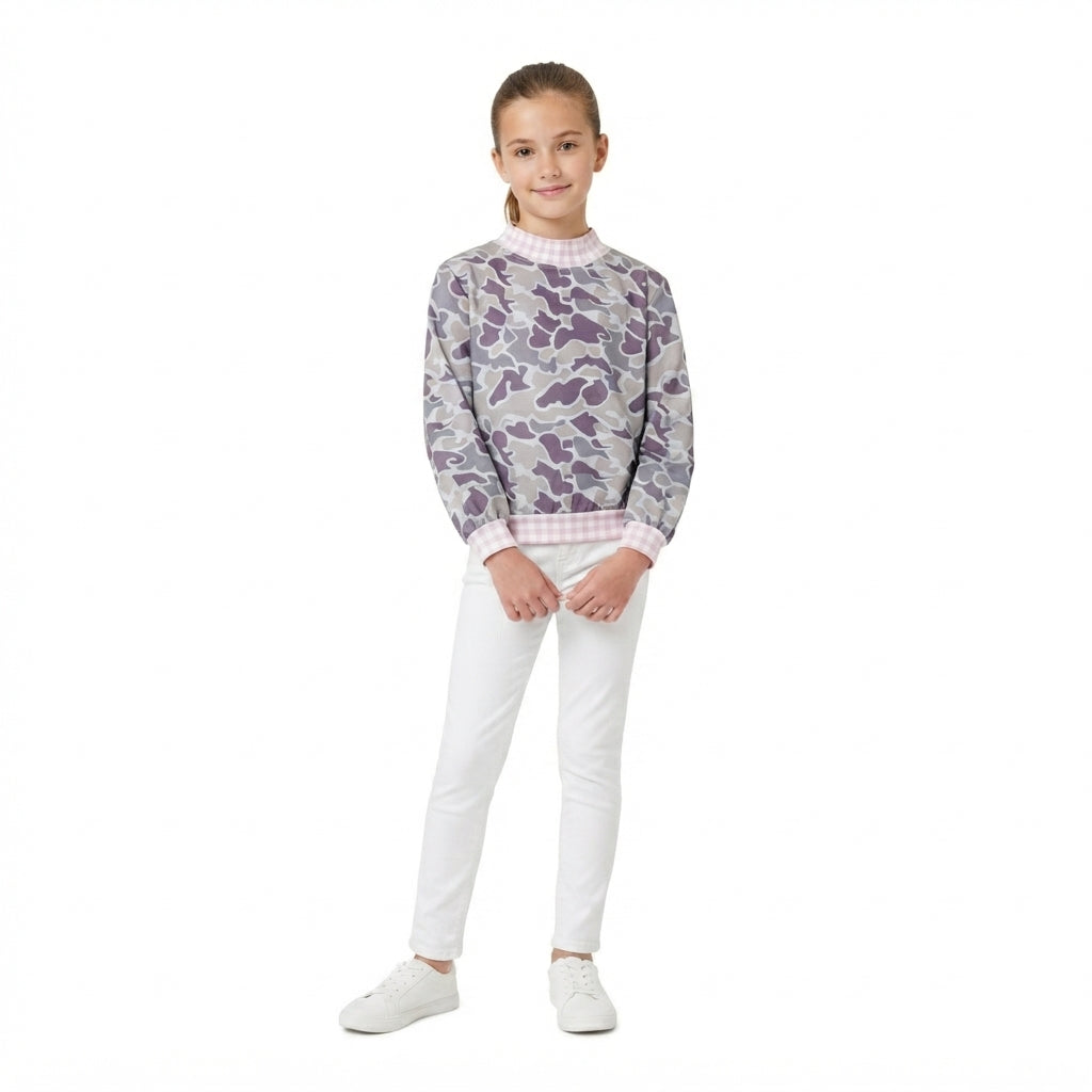 Long sleeves pink plaid mock neck camo kids girls top