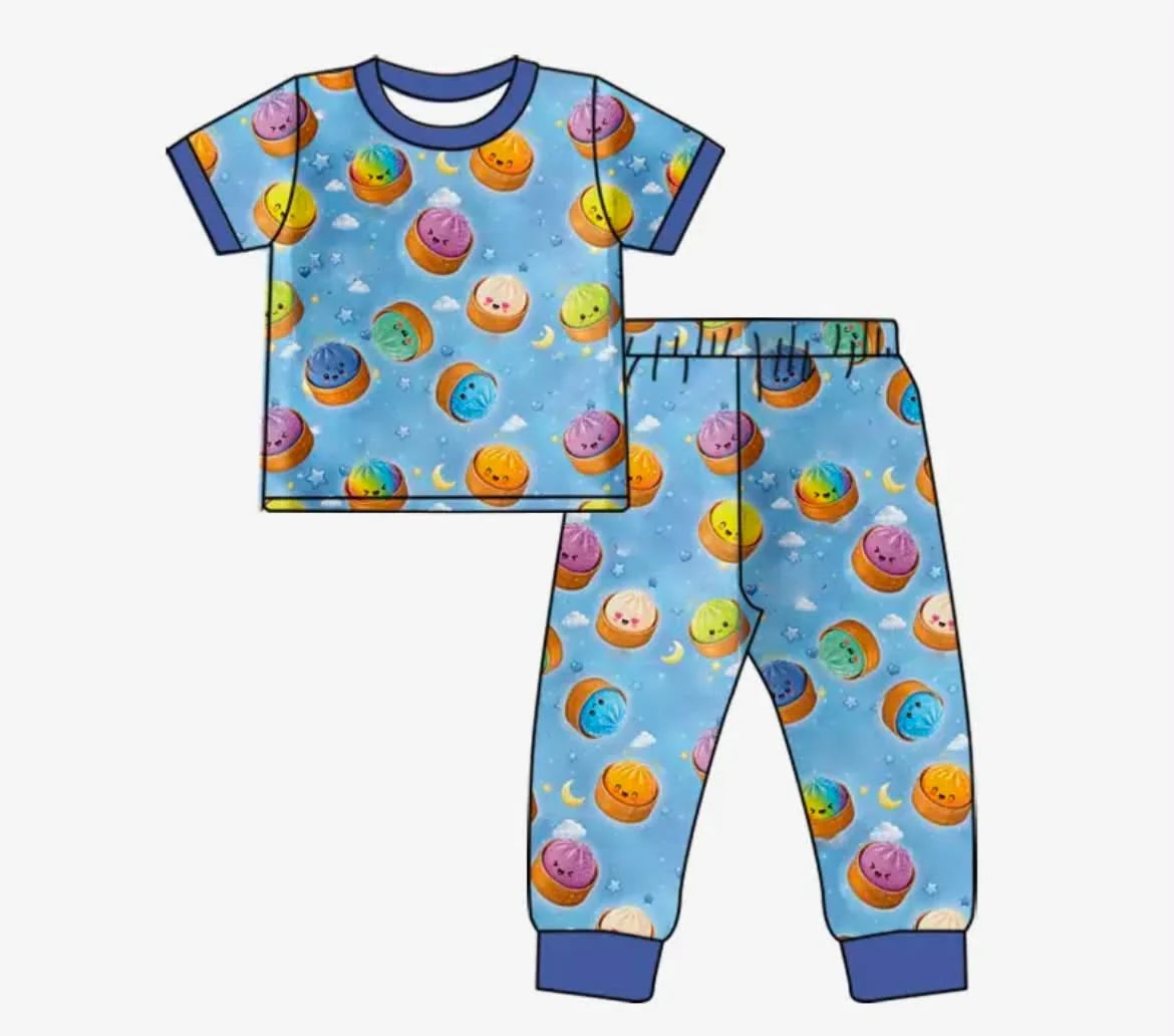 custom MOQ 8 pcs blue boy colorful dumpling print outfits