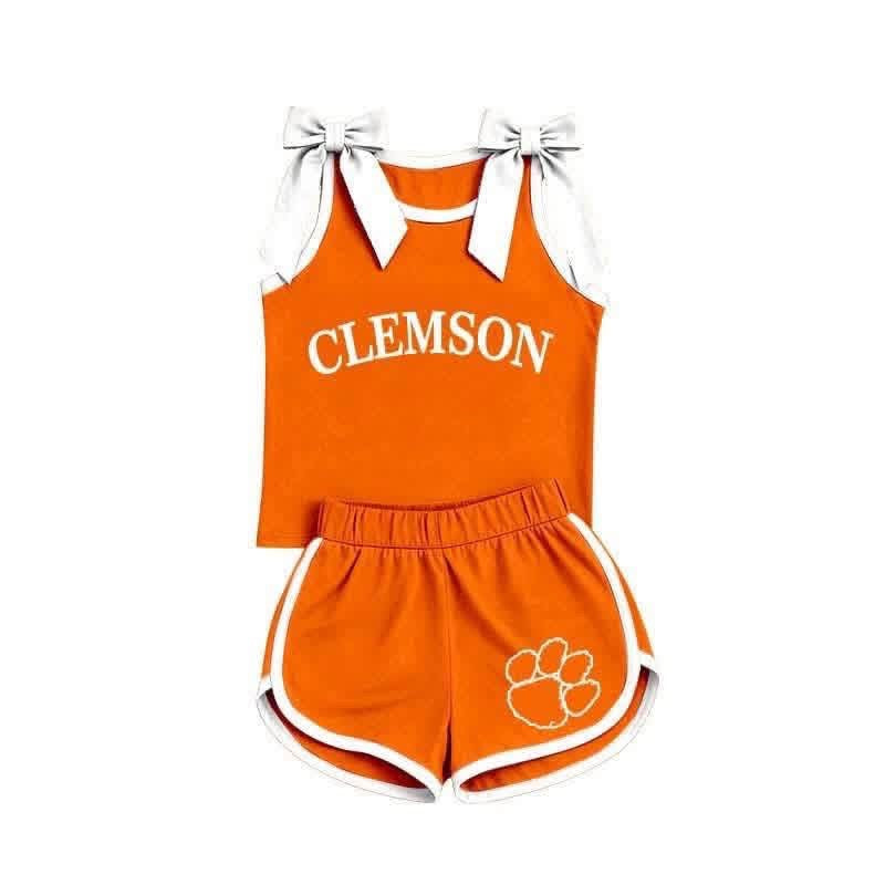custom MOQ 5 pcs orange CLEMSON girl team outfits