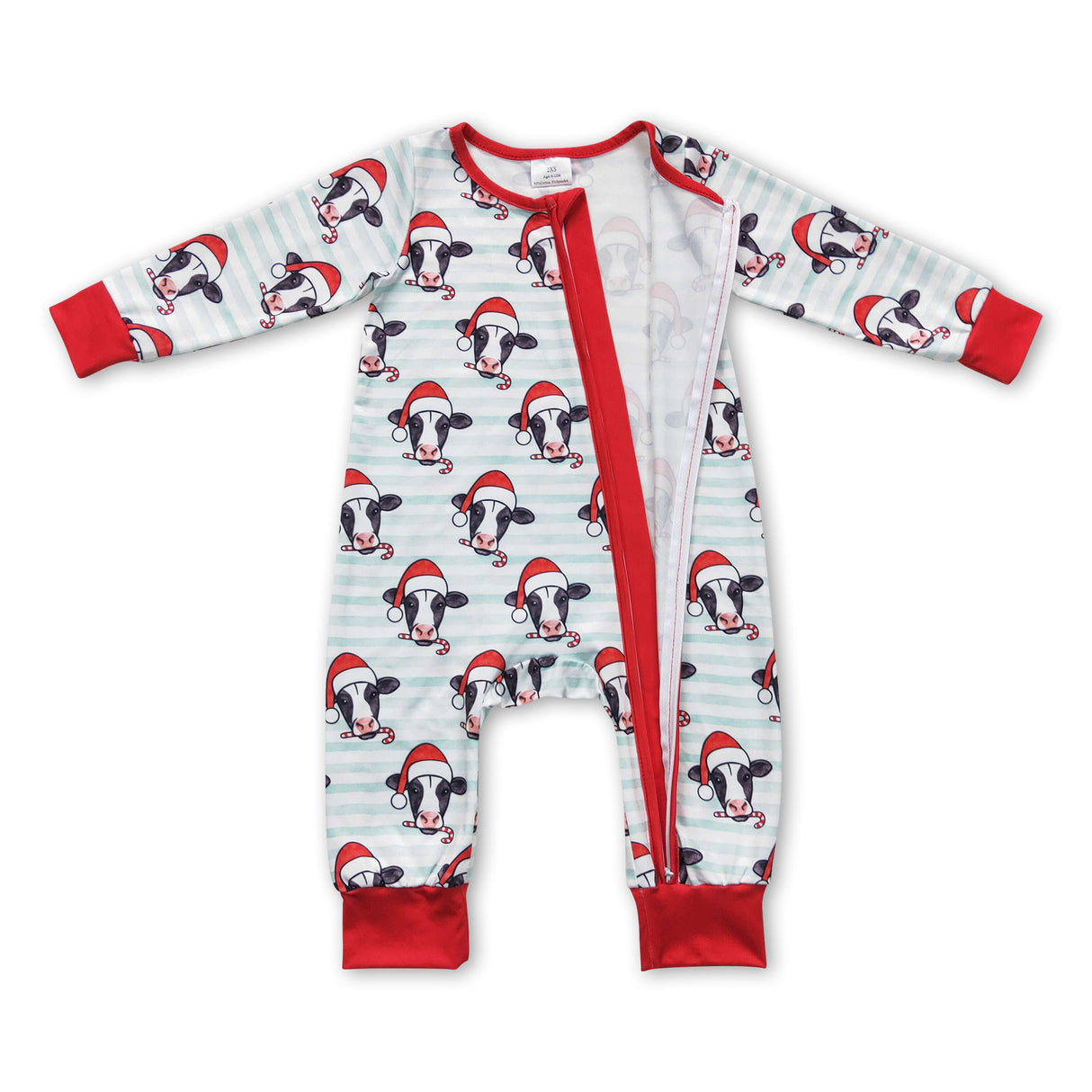 Christmas hat cow stripe baby kids zipper romper