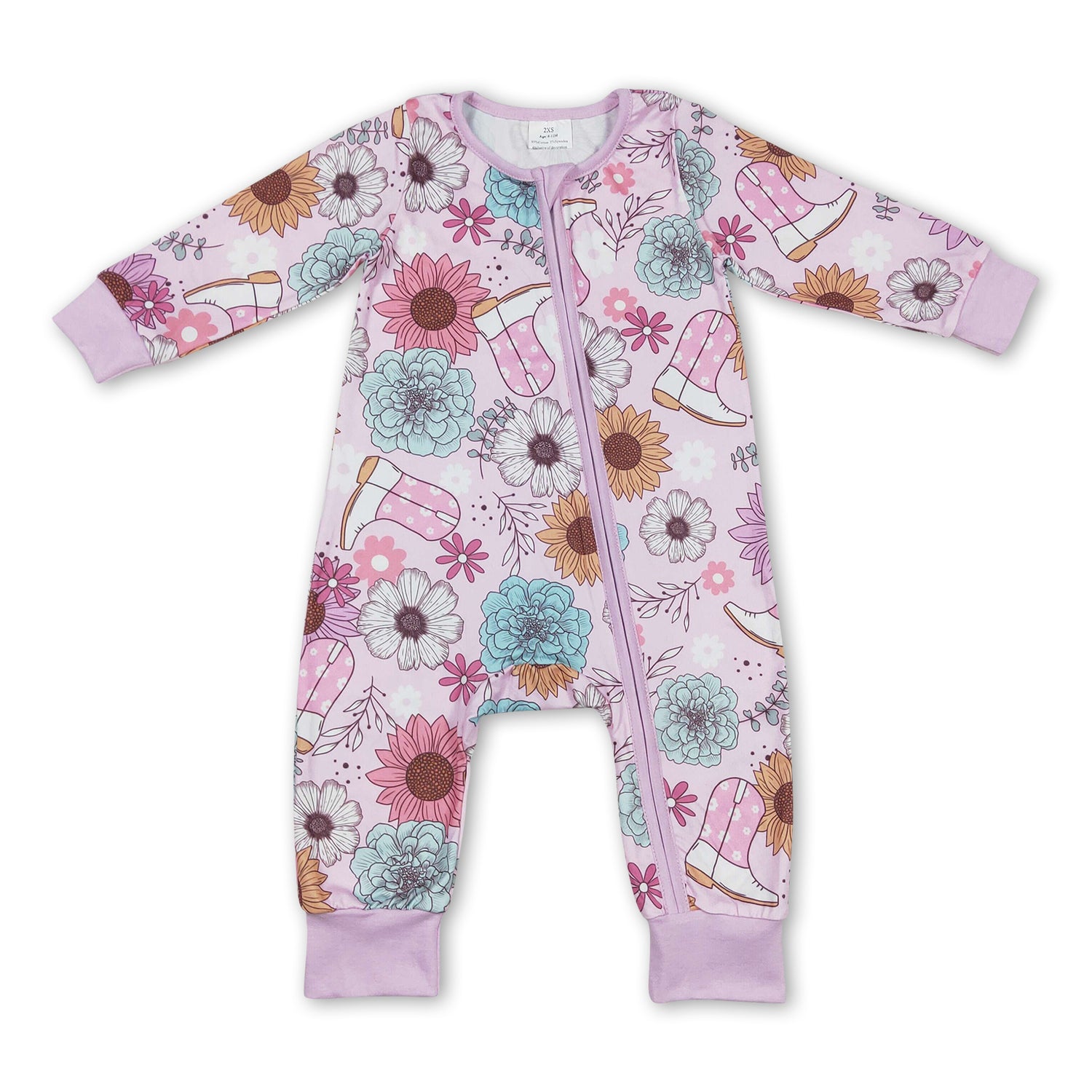 Pink flower boots western baby girls zipper romper