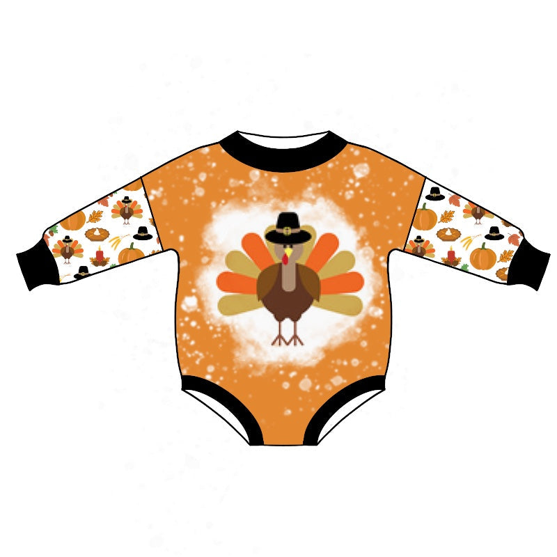 Long sleeves turkey pumpkin baby Thanksgiving romper