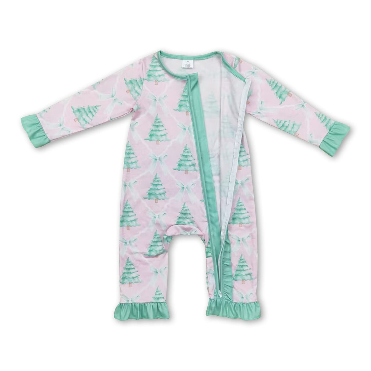 Christmas tree bow baby girls bamboo zipper romper