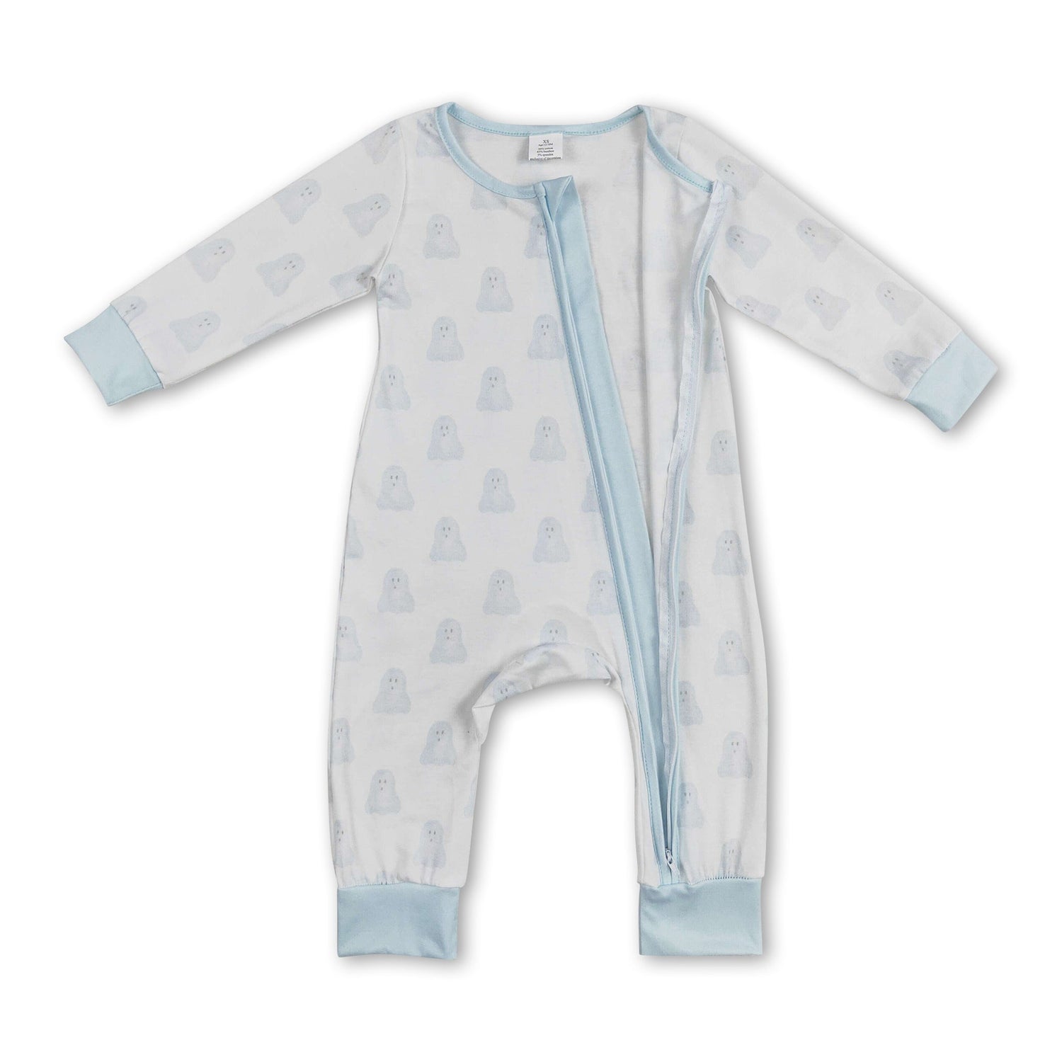 Light blue long sleeves dog baby boys bamboo zipper romper