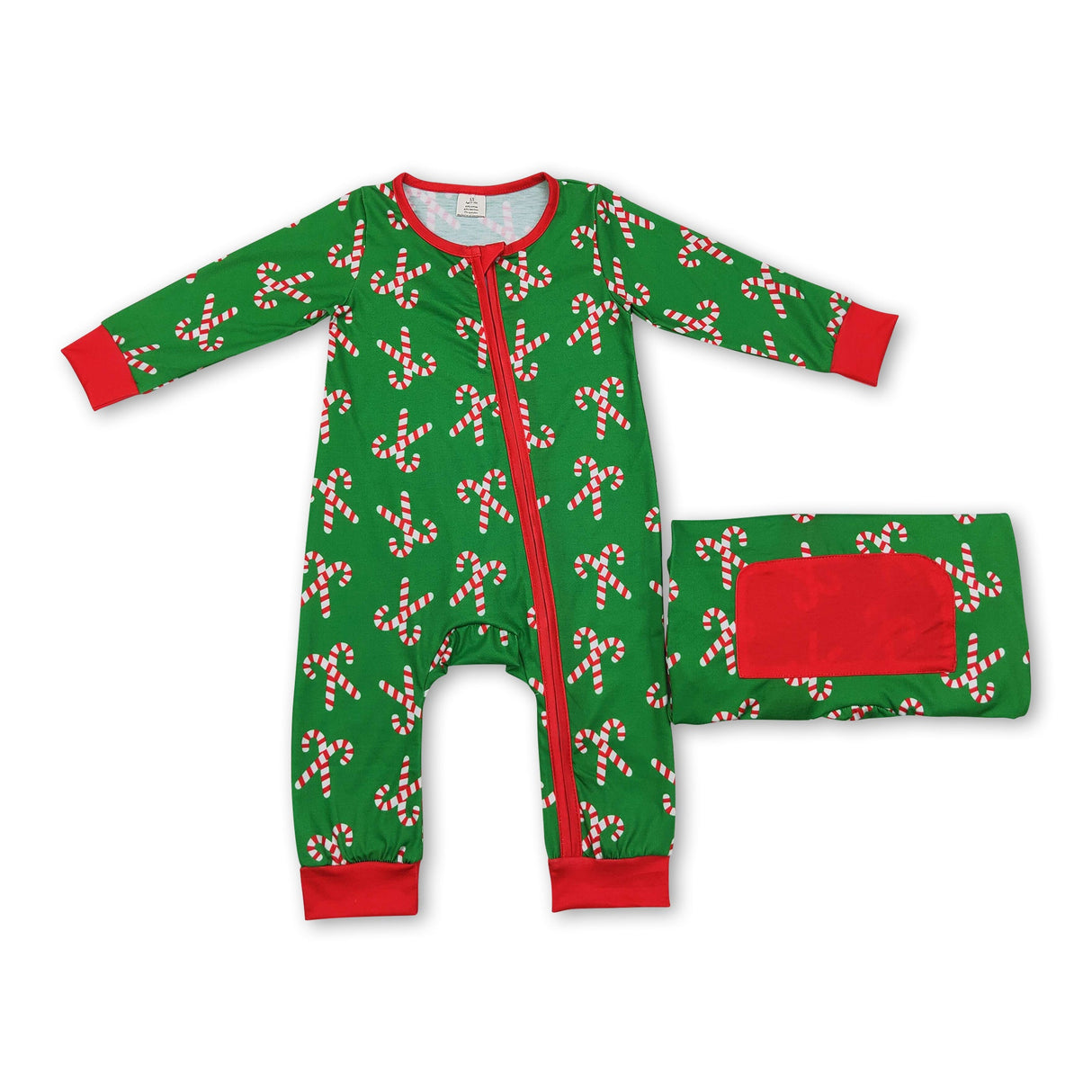 Green candy cane baby boys Christmas bamboo zipper romper