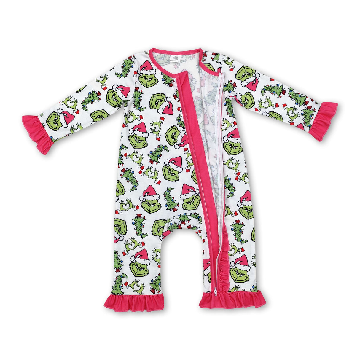 Hot pink green face Christmas tree baby girls zipper romper