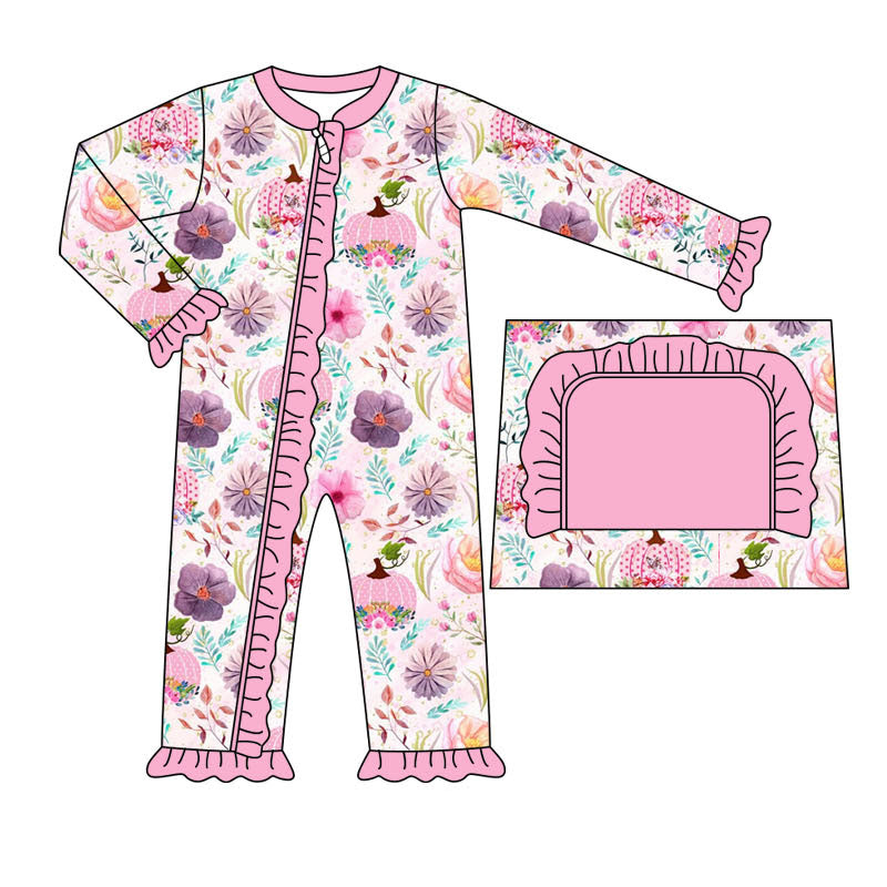 Pink ruffle pumpkin floral baby girls fall zipper romper