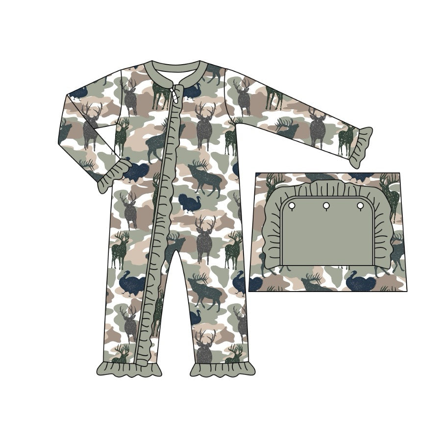 Deer turkey camo long sleeves baby girl zipper romper