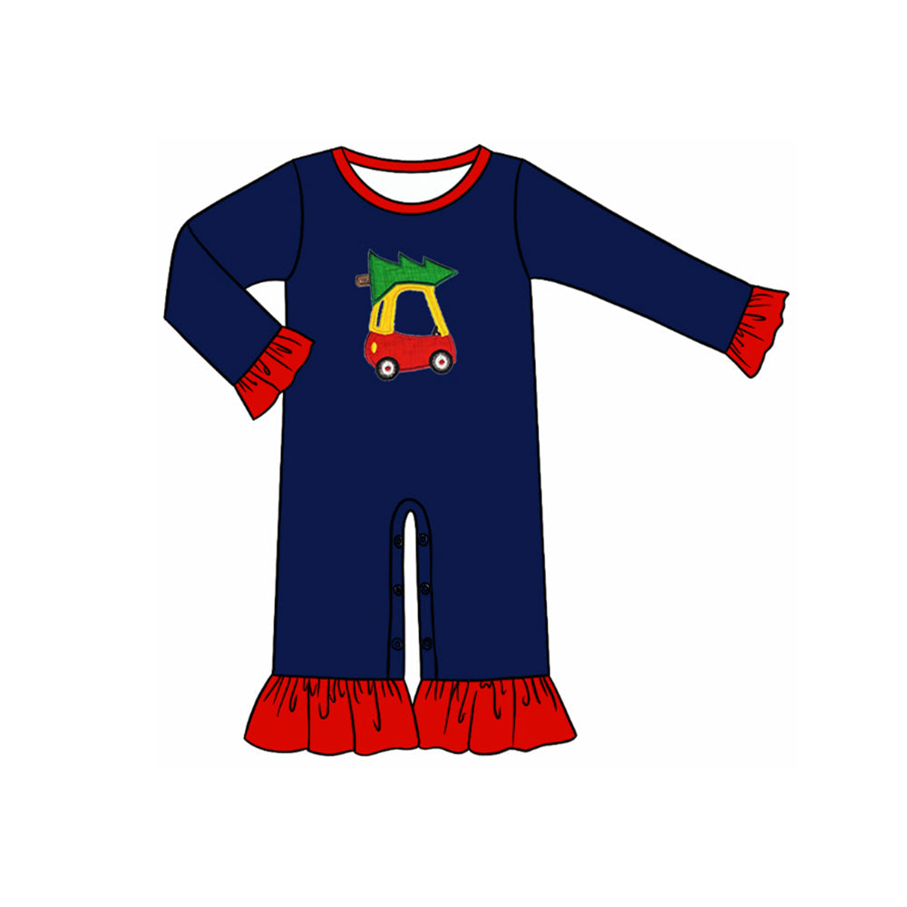 Navy ruffle Christmas tree car baby girls romper