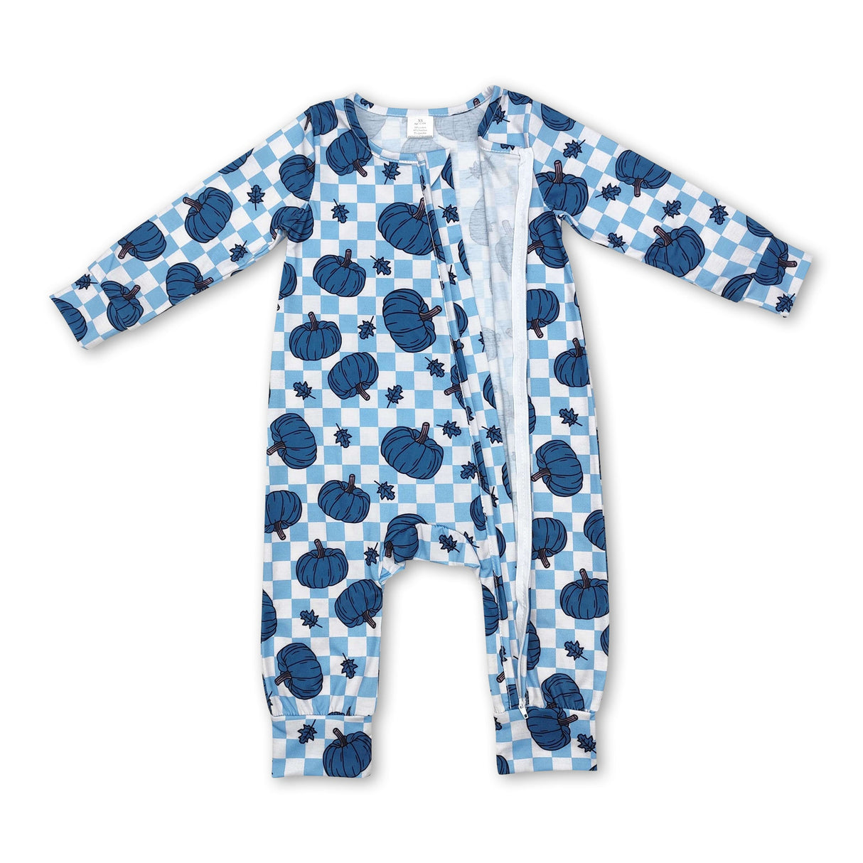 Turquoise pumpkin plaid babyboys fall zipper romper
