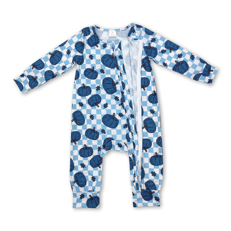 Turquoise pumpkin plaid babyboys fall zipper romper