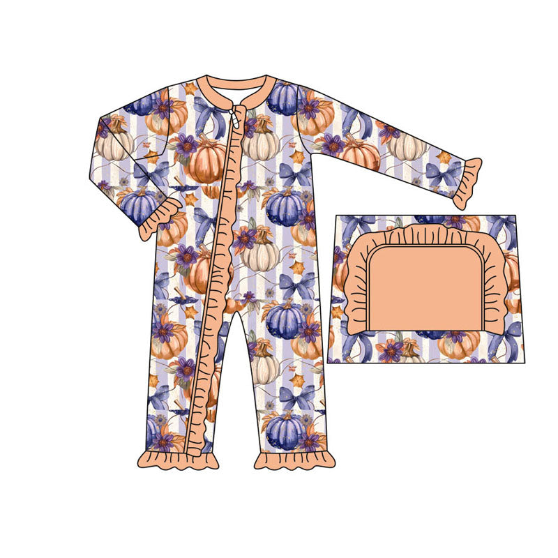 Purple bow stripe pumpkin baby girls fall zipper romper