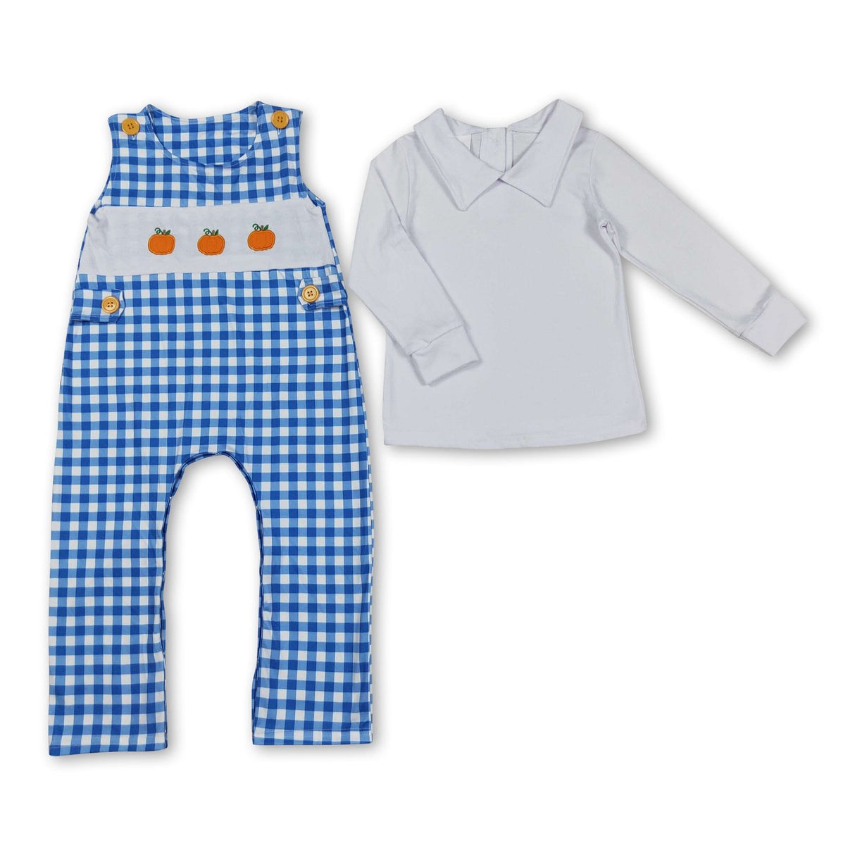 Blue plaid pumpkin romper white shirt boy fall clothes