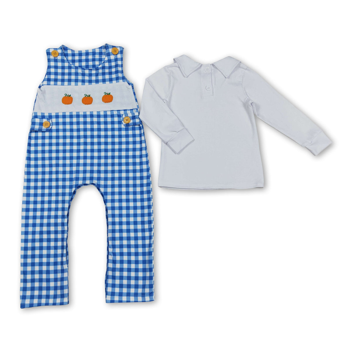 Blue plaid pumpkin romper white shirt boy fall clothes