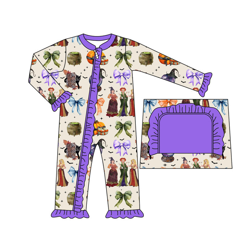 Purple bow witches pumpkin baby Halloween zipper romper