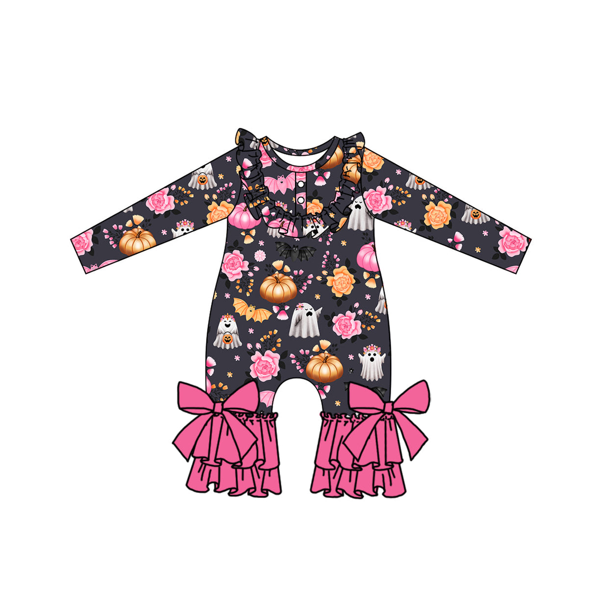 Pink ruffle floral ghost pumpkin girls Halloween romper