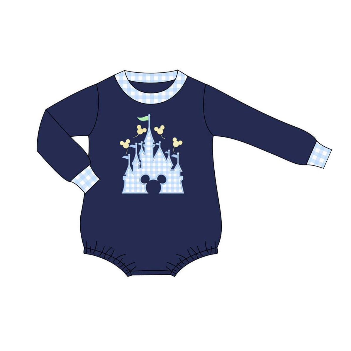 Plaid navy long sleeves castle mouse baby boy romper