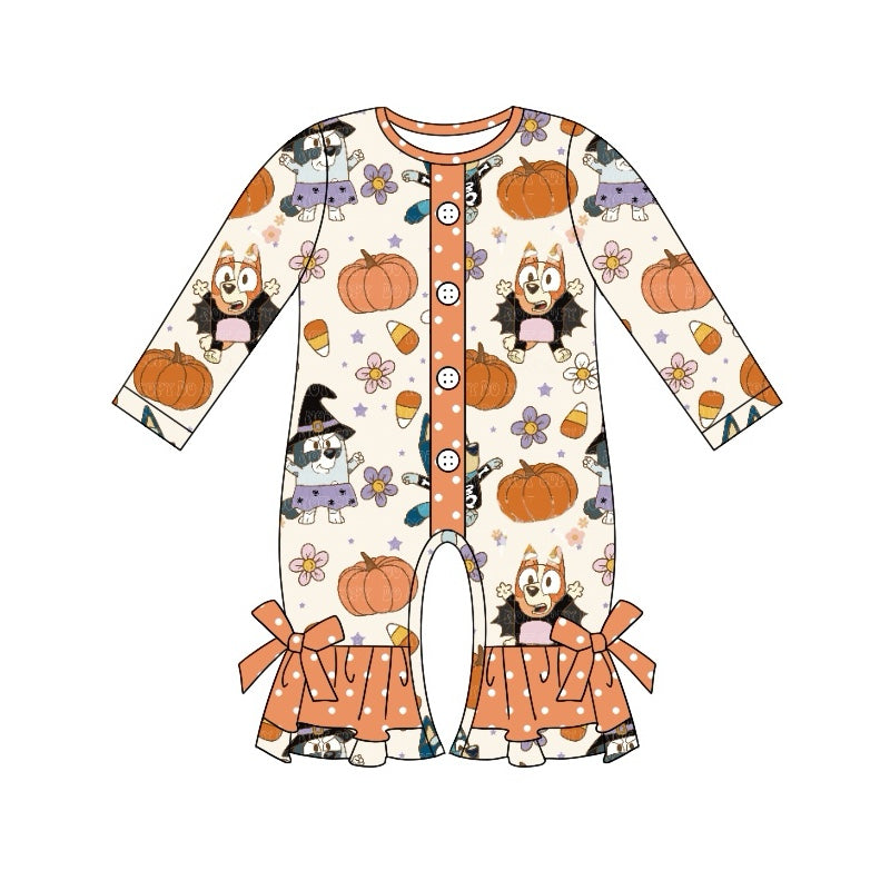Pumpkin candy corn dog baby girls Halloween romper