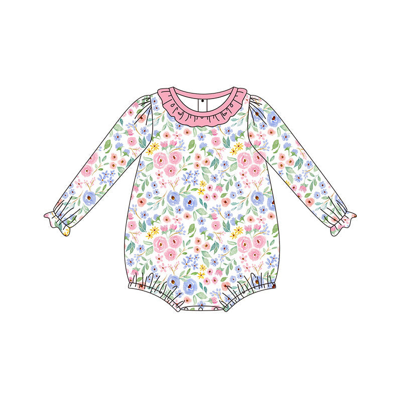 Pink ruffle long sleeves floral baby girls romper