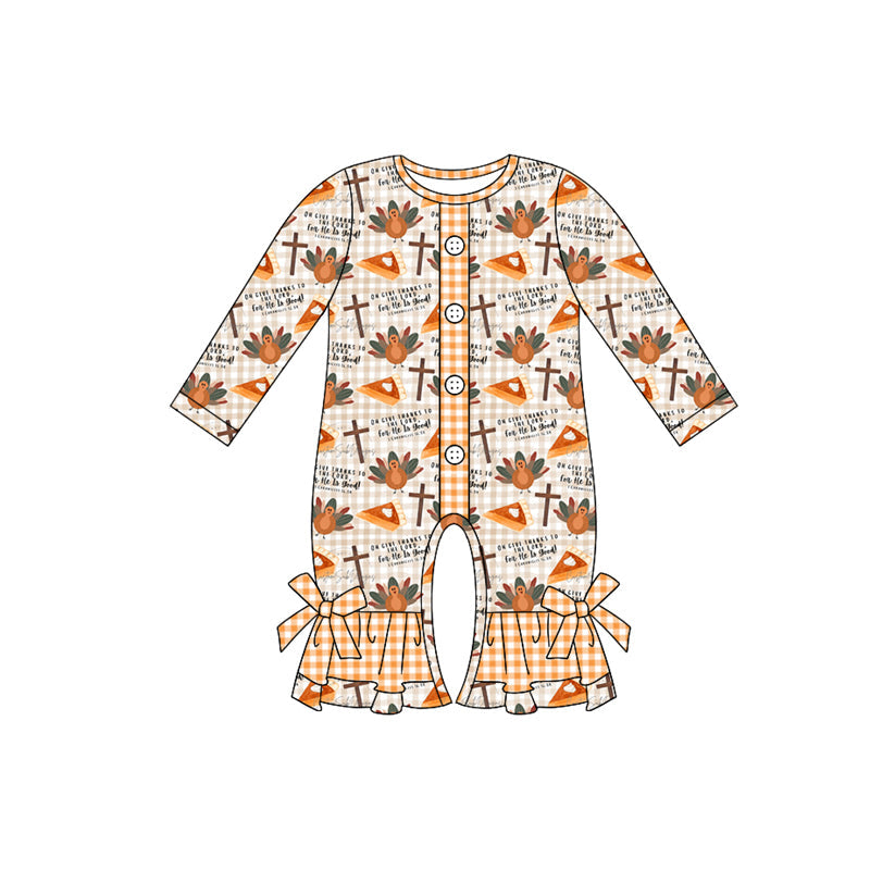 Plaid turkey pumpkin pie ruffle girls Thanksgiving romper