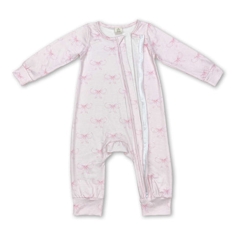 Pink bow long sleeves baby girls bamboo zipper sleeper