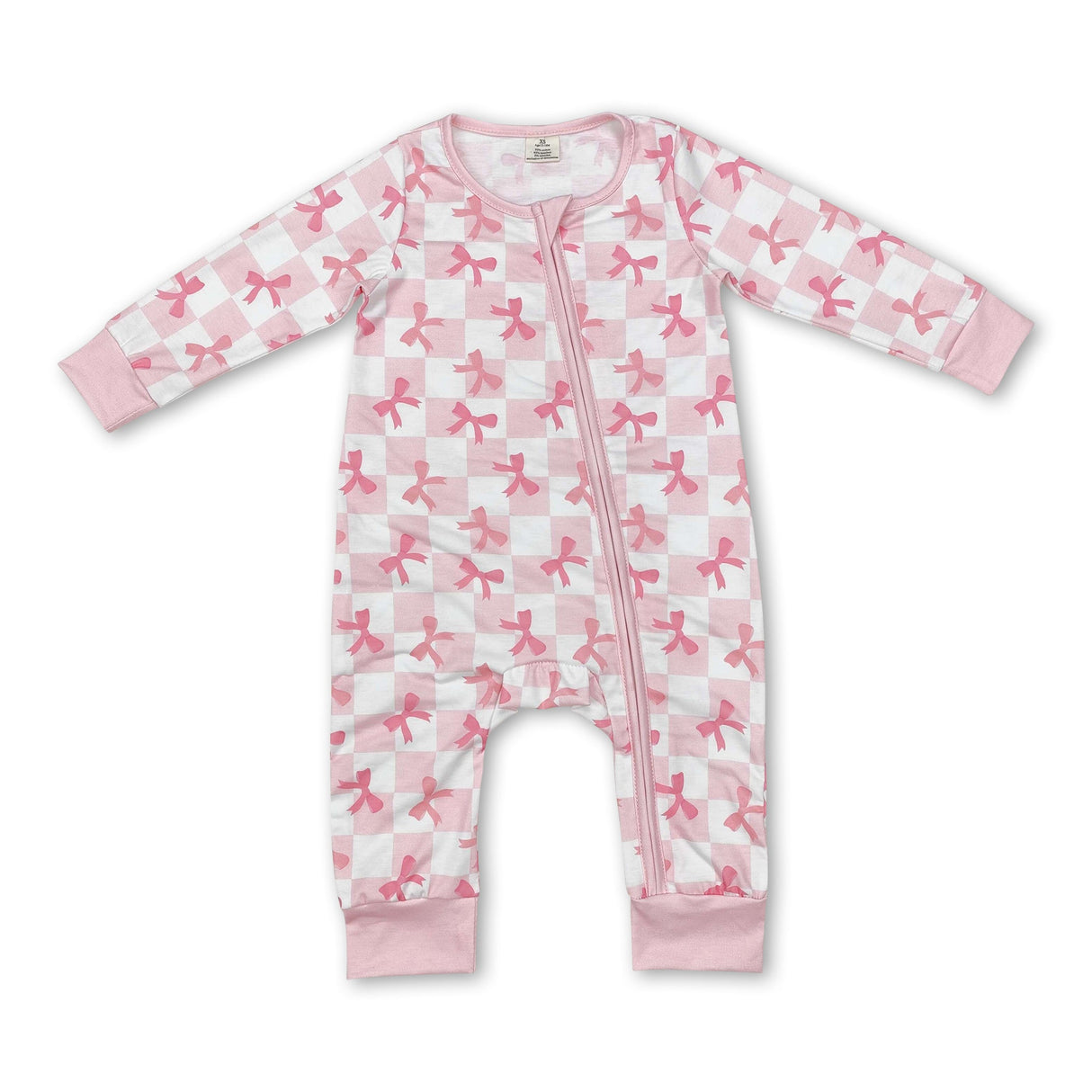 Long sleeves pink plaid bow baby girls zipper sleeper