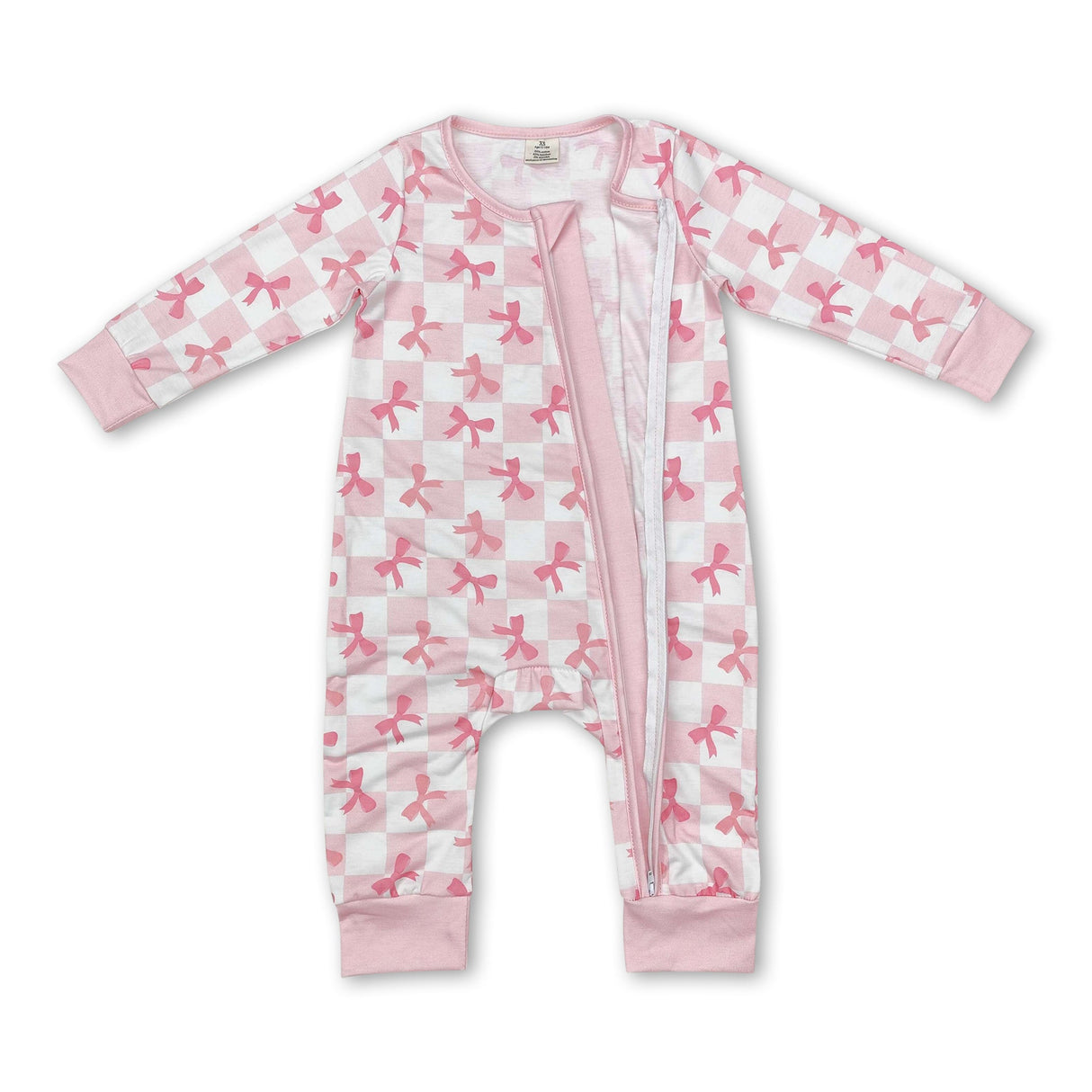 Long sleeves pink plaid bow baby girls zipper sleeper