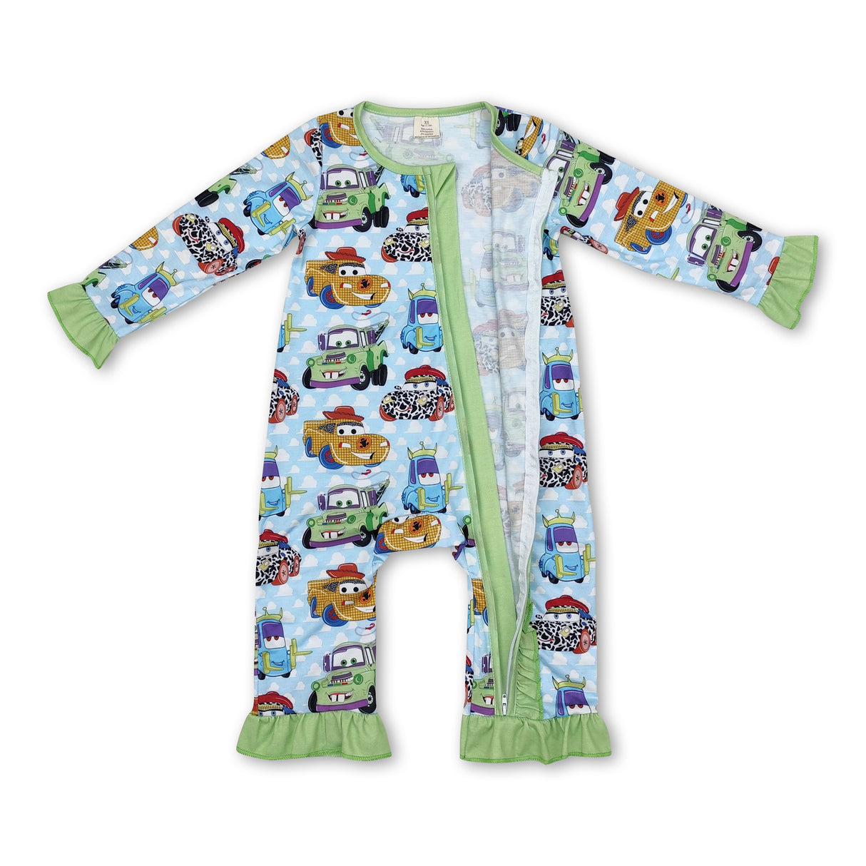 Green long sleeves toy cars baby girls zipper romper