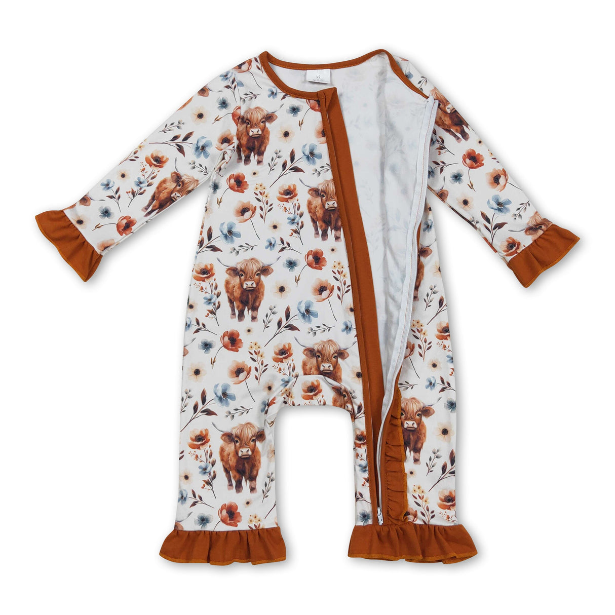 Brown ruffle highland cow floral baby girls zipper romper
