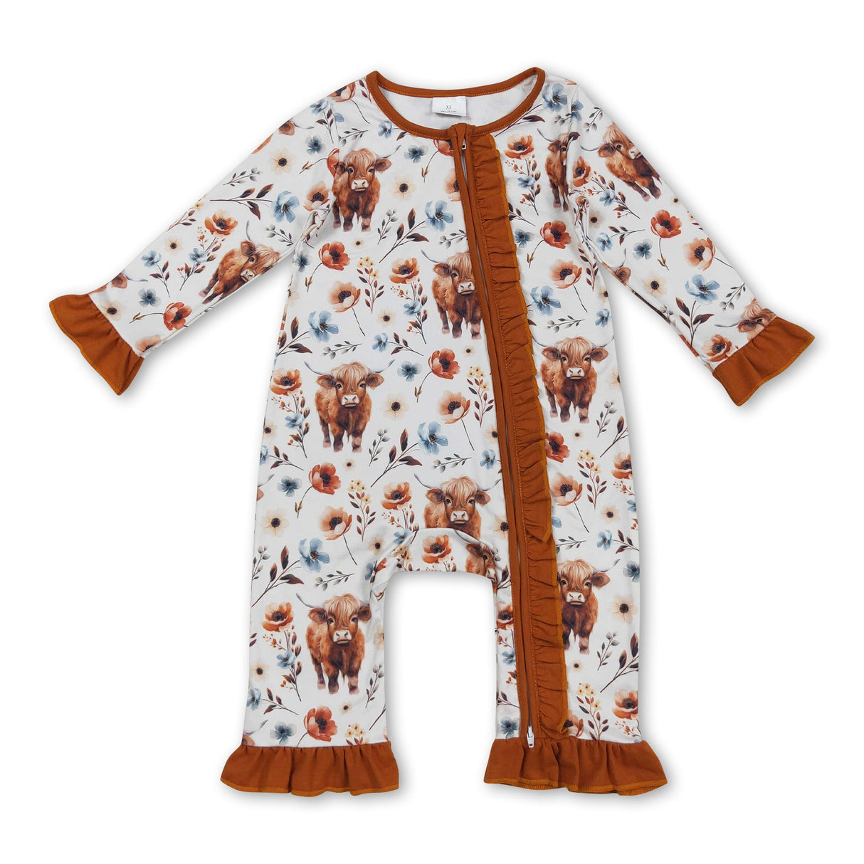 Brown ruffle highland cow floral baby girls zipper romper