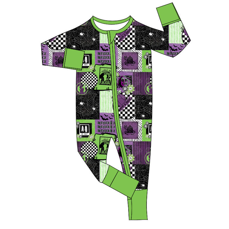 Green purple bat baby boy Halloween zipper romper