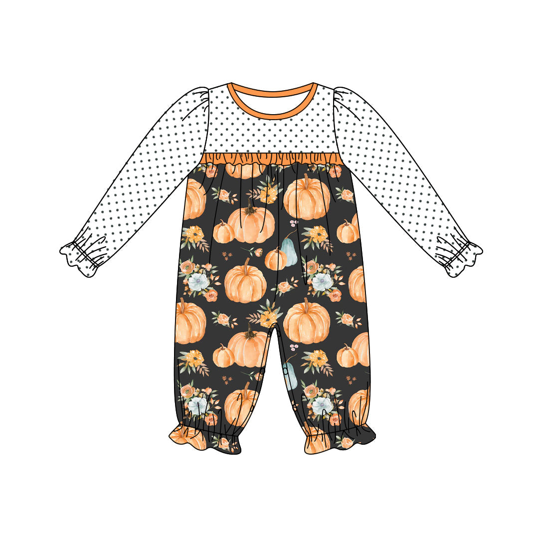 Polka dots pumpkin floral baby girls fall romper
