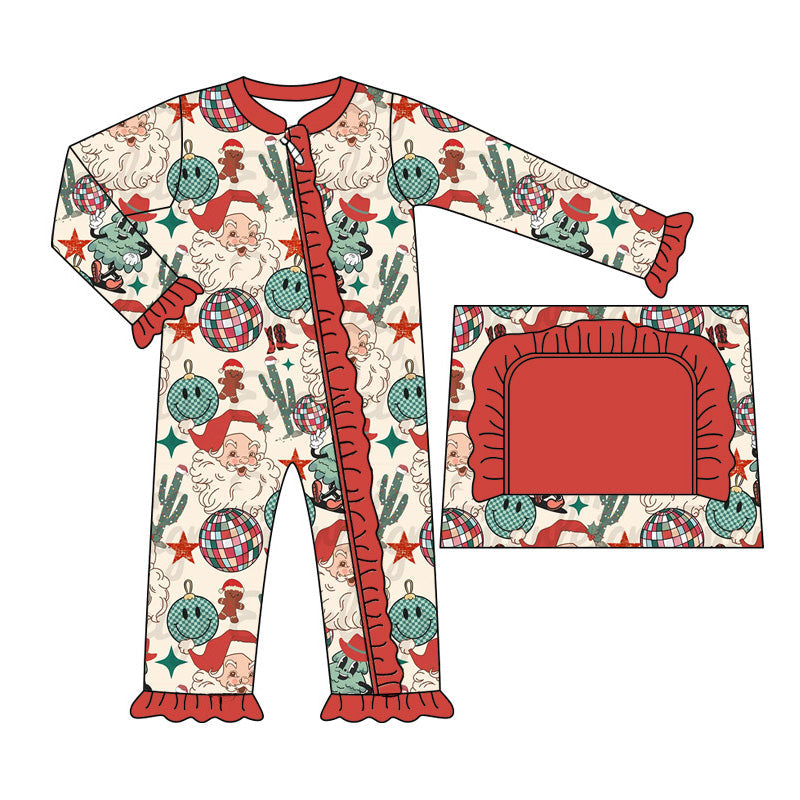 Smile santa cactus baby girls western Christmas zipper romper