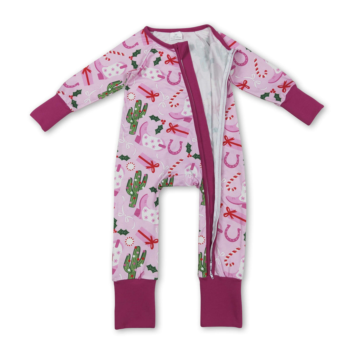 Pink boots candy cane gift baby western Christmas zipper romper