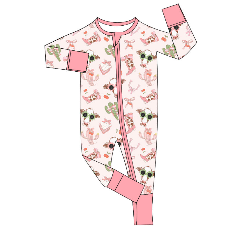 Pink cows cactus boots baby western zipper romper