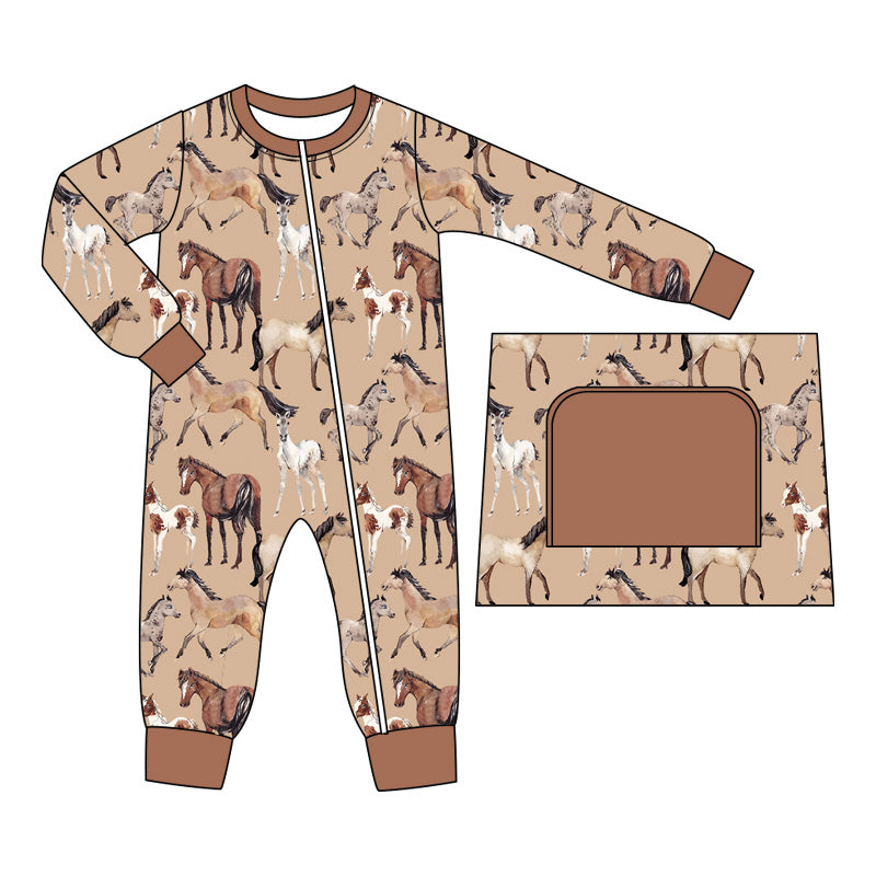 Long sleeves horse western kids boys zipper romper